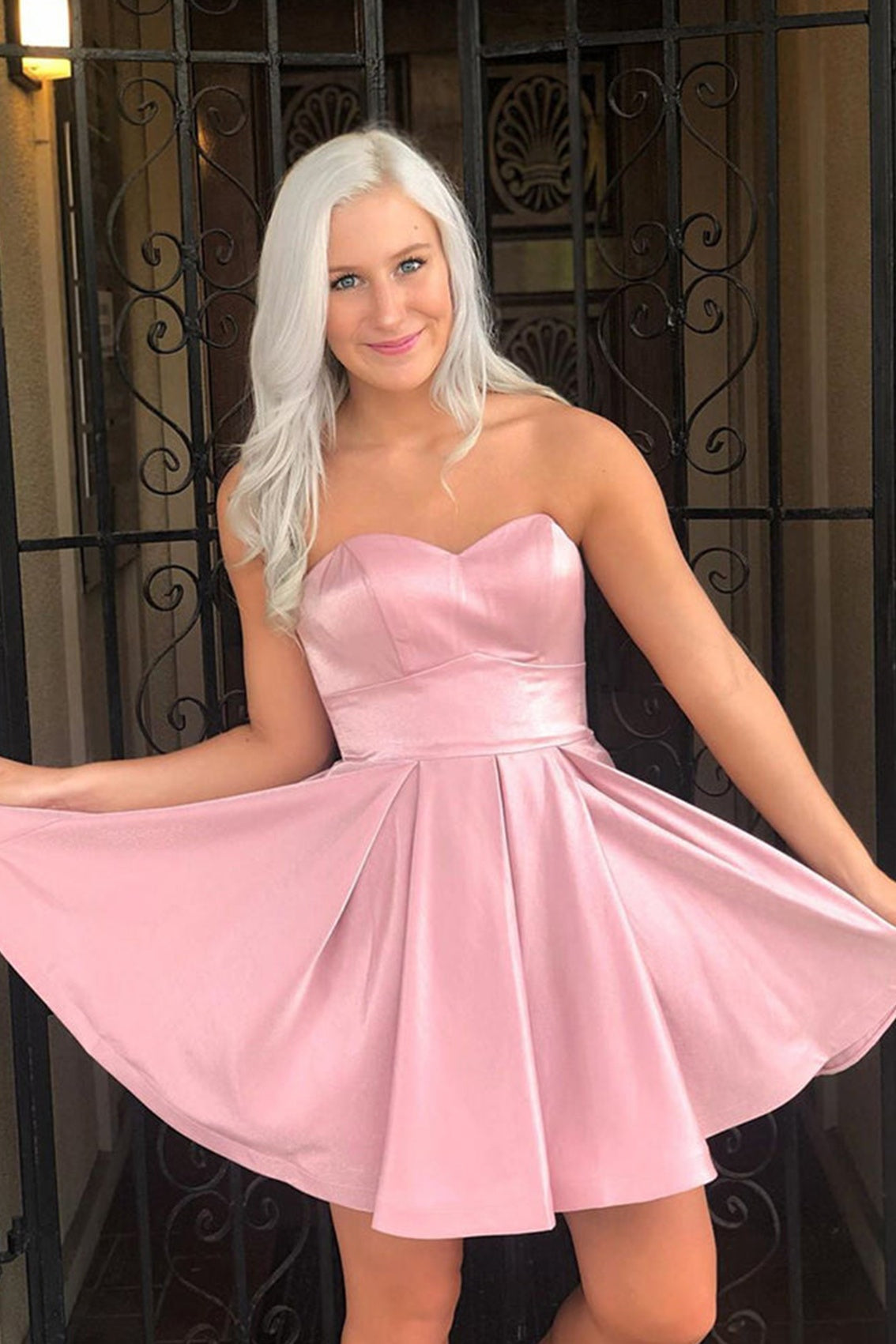 Cute Satin A-Line Sweetheart Strapless Homecoming Dress Movousdress Cute Satin A-Line Sweetheart Strapless Homecoming Dress Movousdress