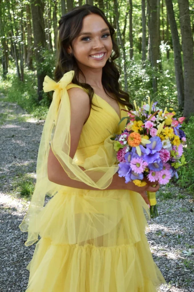 Cute Tulle A-Line V-Neck Bow Straps Tiered Party Prom Dress With Slit