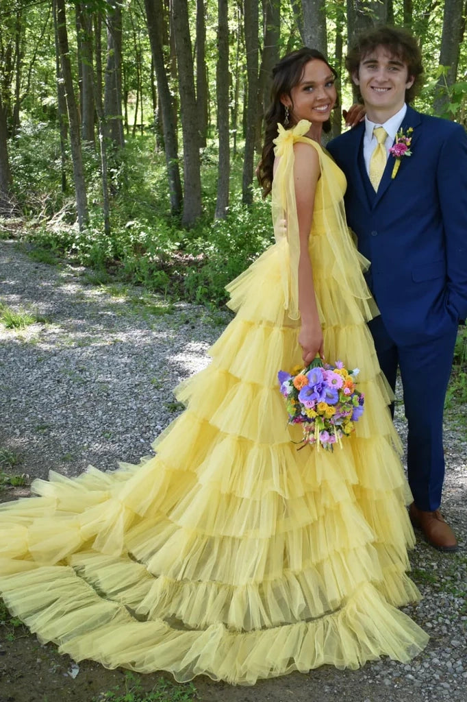 Cute Tulle A-Line V-Neck Bow Straps Tiered Party Prom Dress With Slit