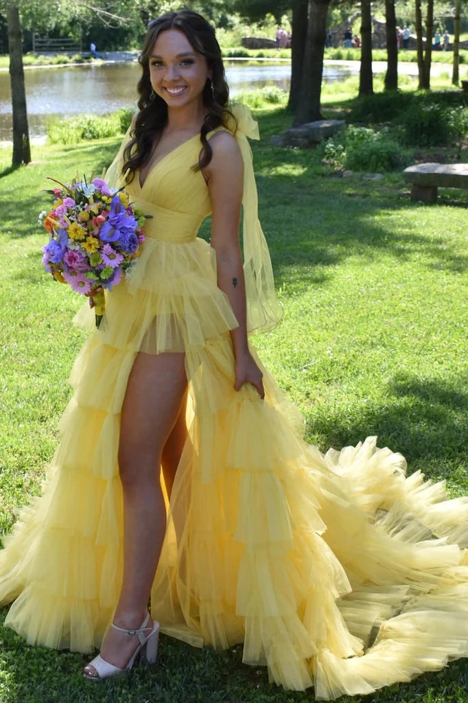Cute Tulle A-Line V-Neck Bow Straps Tiered Party Prom Dress With Slit