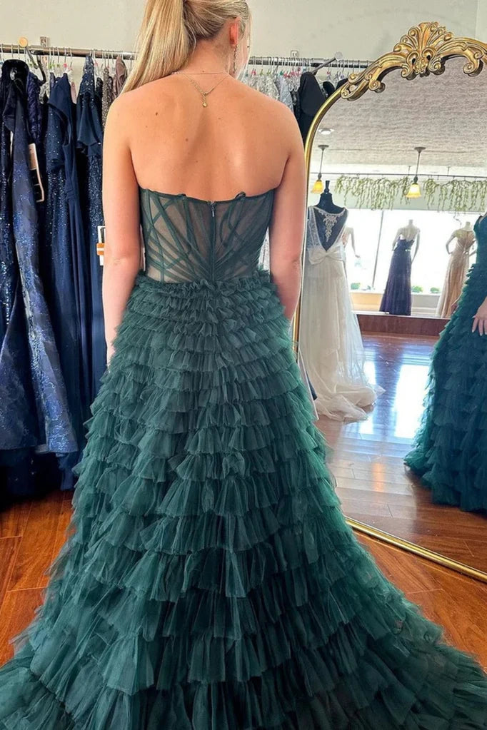 Dark Green Tulle A-Line Strapless Tiered Party Prom Dress