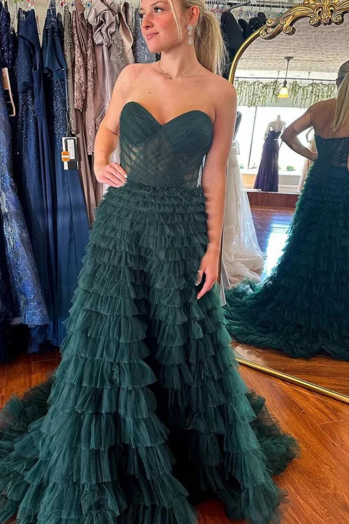 Dark Green Tulle A-Line Strapless Tiered Party Prom Dress