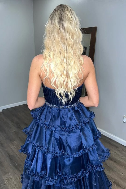 Dark Navy Sweetheart Strapless Ruffled Party Prom Dress With Slit
