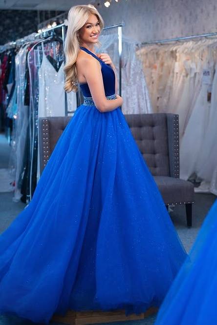 Deep V-Neck Halter Empire Two Tone Prom Dress