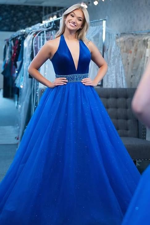 Deep V-Neck Halter Empire Two Tone Prom Dress Movousdress Deep V-Neck Halter Empire Two Tone Prom Dress Movousdress