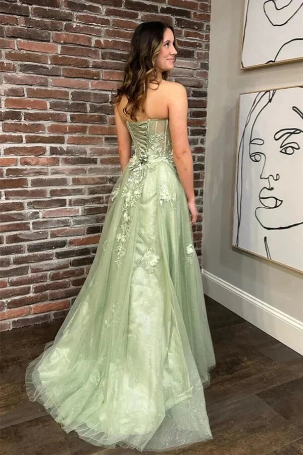 Dusty Sage Tulle A-Line Sweetheart Strapless Appliques Prom Dress