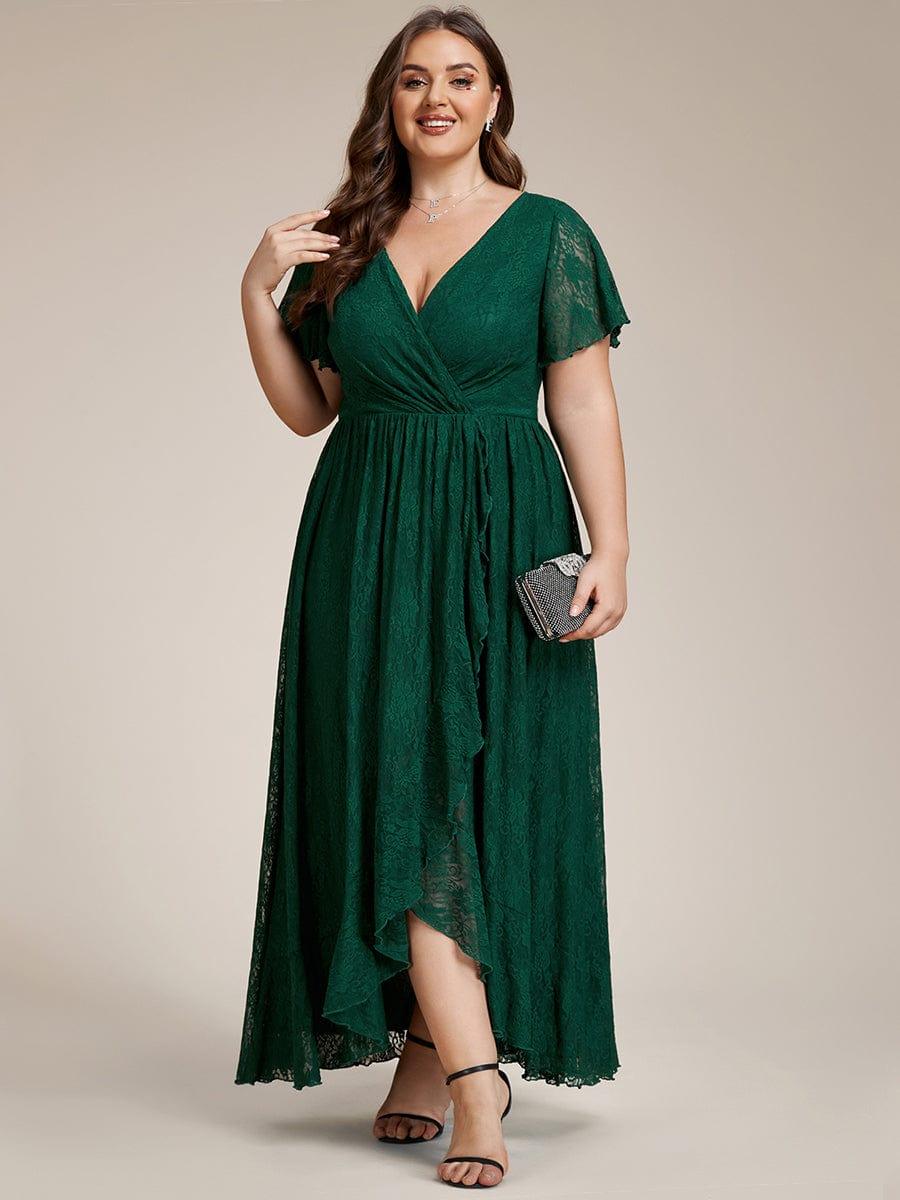 Lace A-Line V-Neck Bell Sleeves High Low Formal Evening Dress