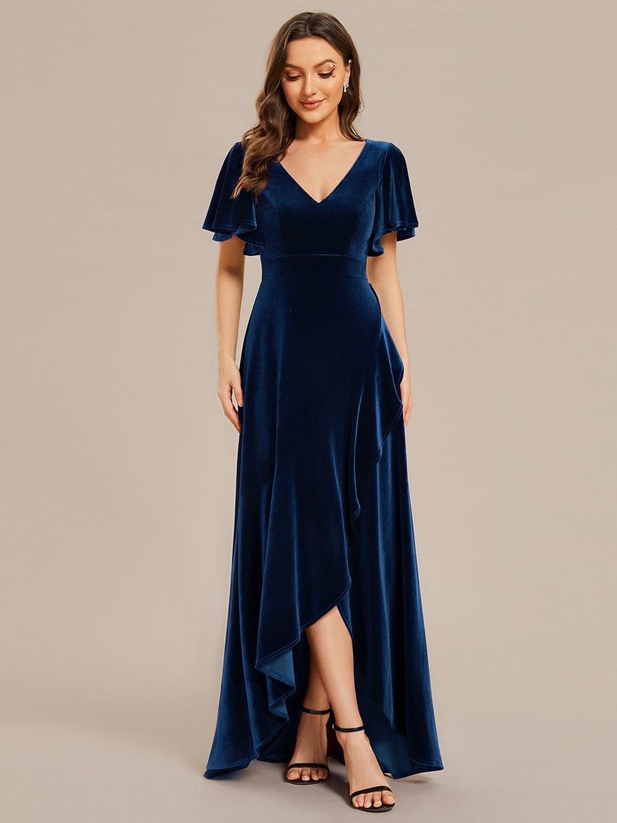 Velvet A-Line V-Neck Backless Bell Sleeves Long Evening Dress