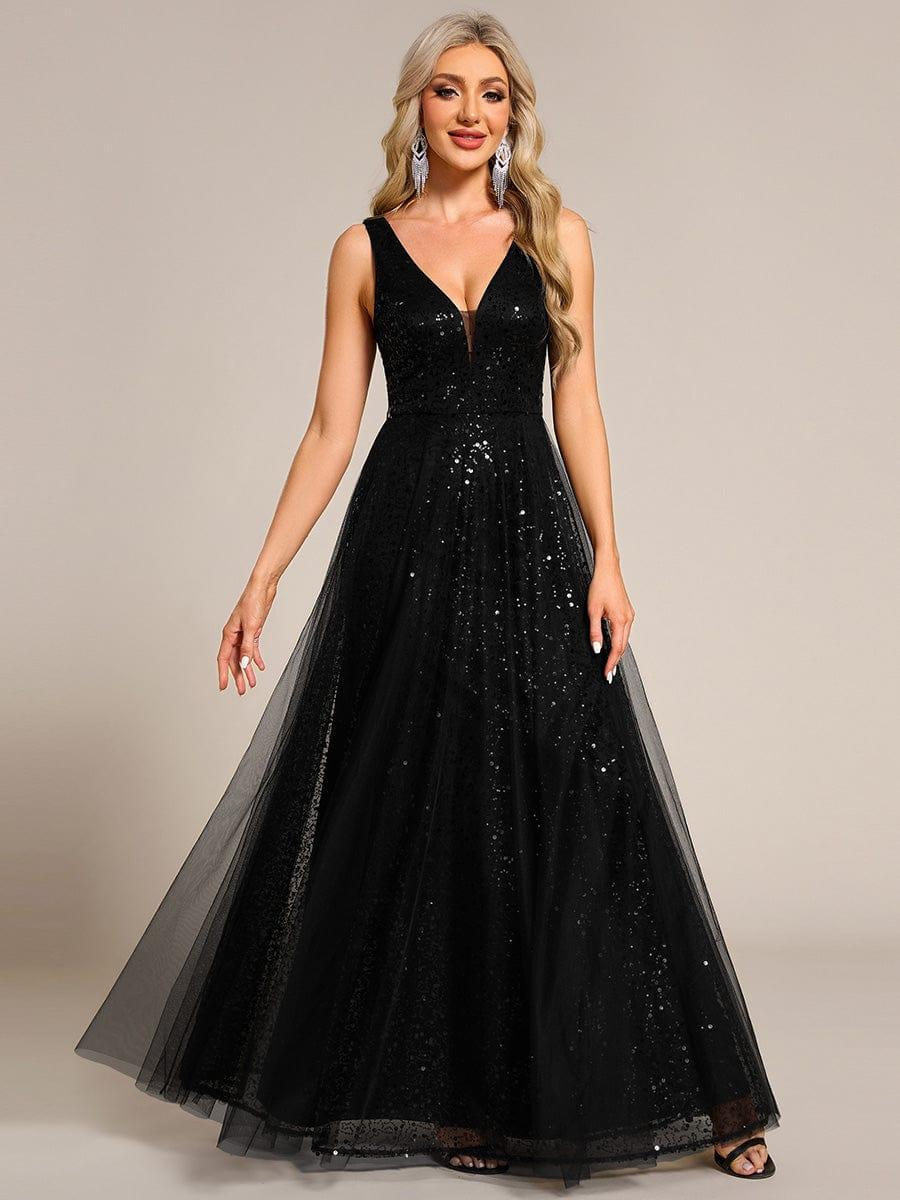 Sparkly A-Line V-Neck Sleeveless Sequins Tulle Evening Dress