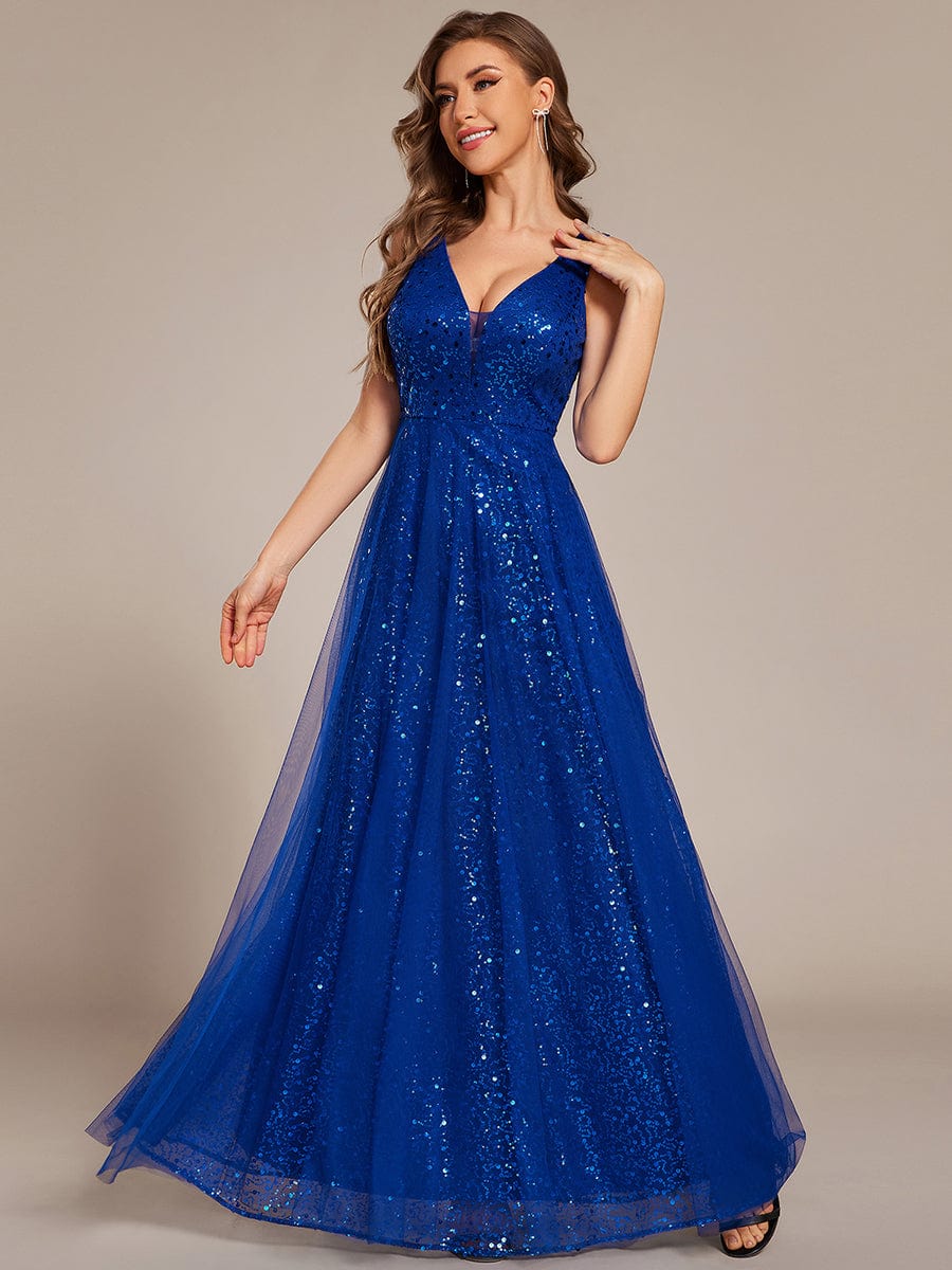 Sparkly A-Line V-Neck Sleeveless Sequins Tulle Evening Dress