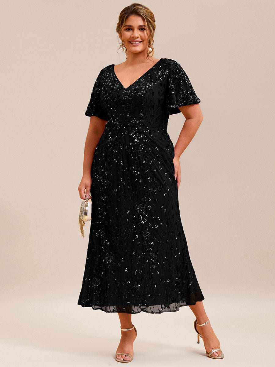 V-Neck Short Sleeves Sequins Appliques Midi Wedding Guest Dress