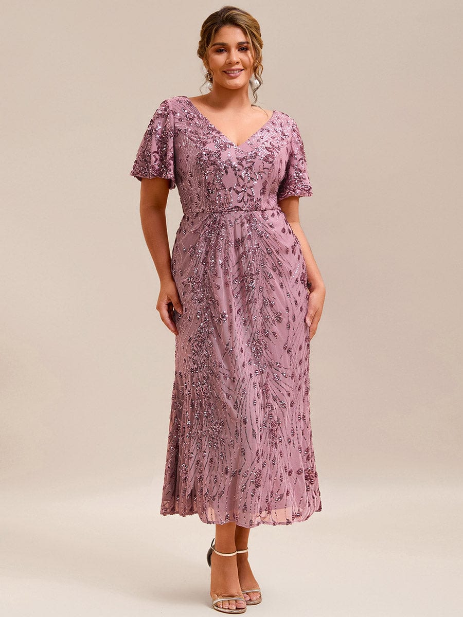 V-Neck Short Sleeves Sequins Appliques Midi Wedding Guest Dress