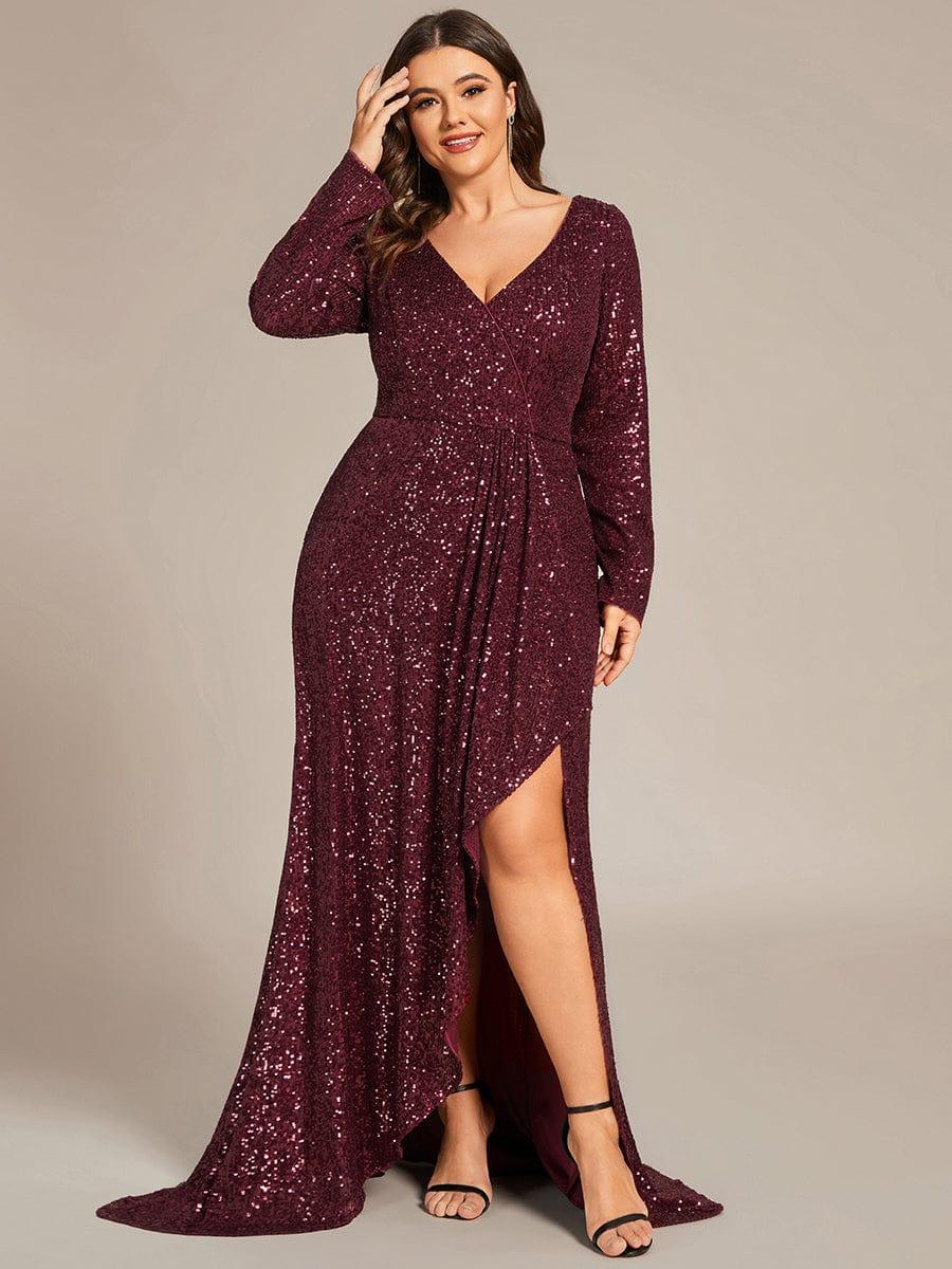 Sparkly V-Neck Long Sleeves Sequins Evening Dress With Slit