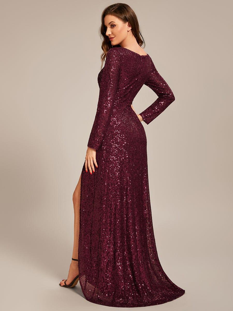 Sparkly V-Neck Long Sleeves Sequins Evening Dress With Slit
