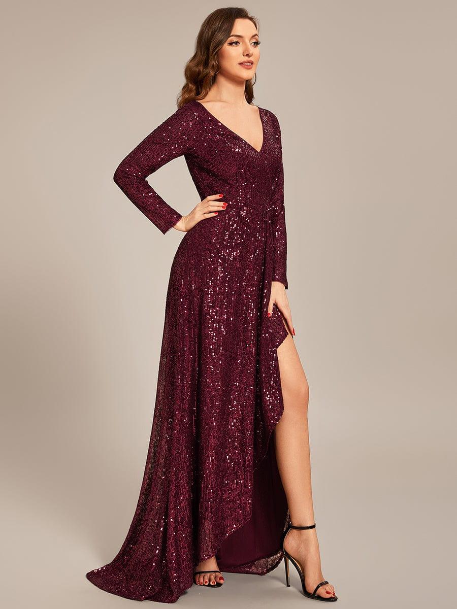 Sparkly V-Neck Long Sleeves Sequins Evening Dress With Slit
