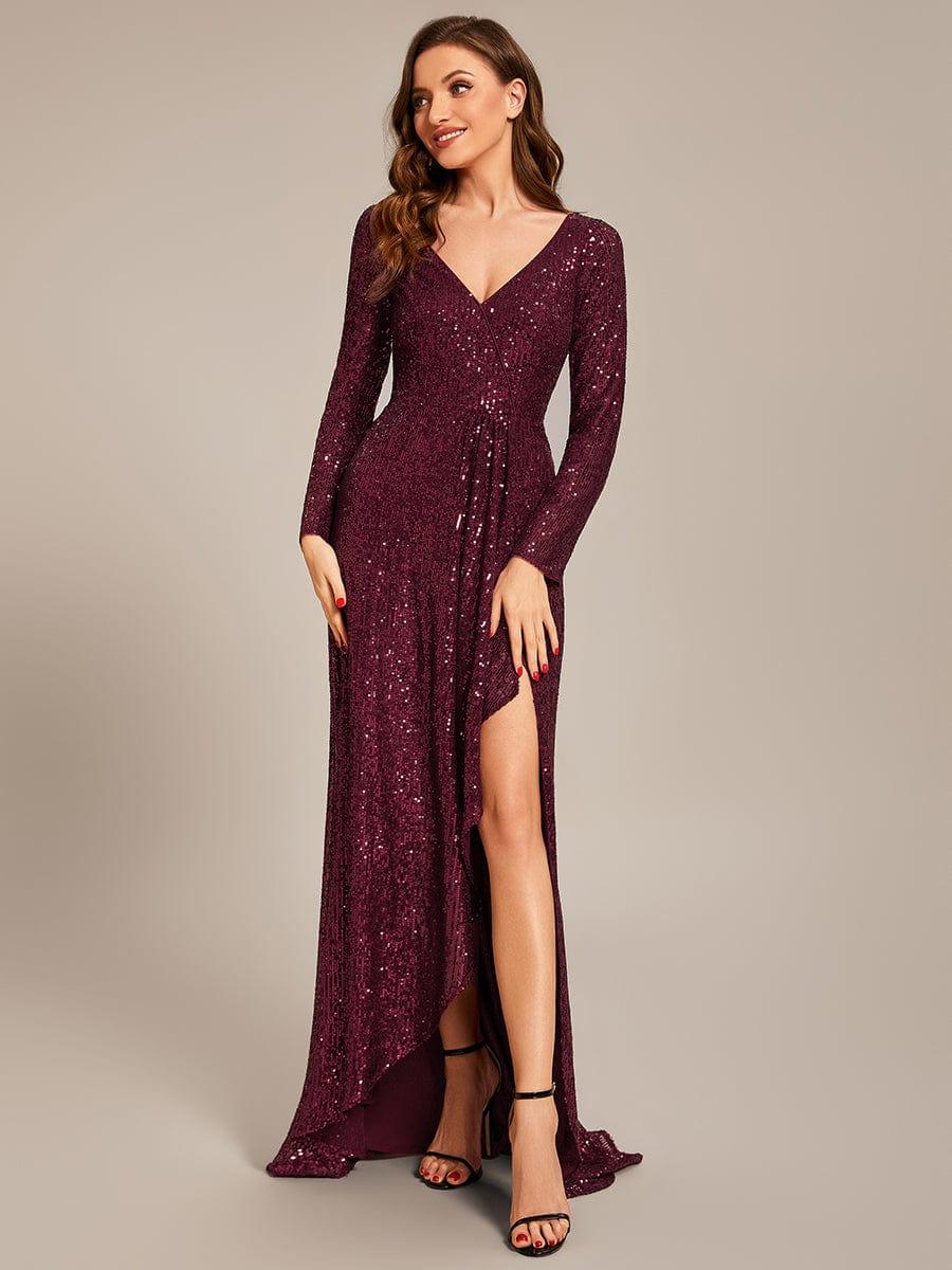 Sparkly V-Neck Long Sleeves Sequins Evening Dress With Slit