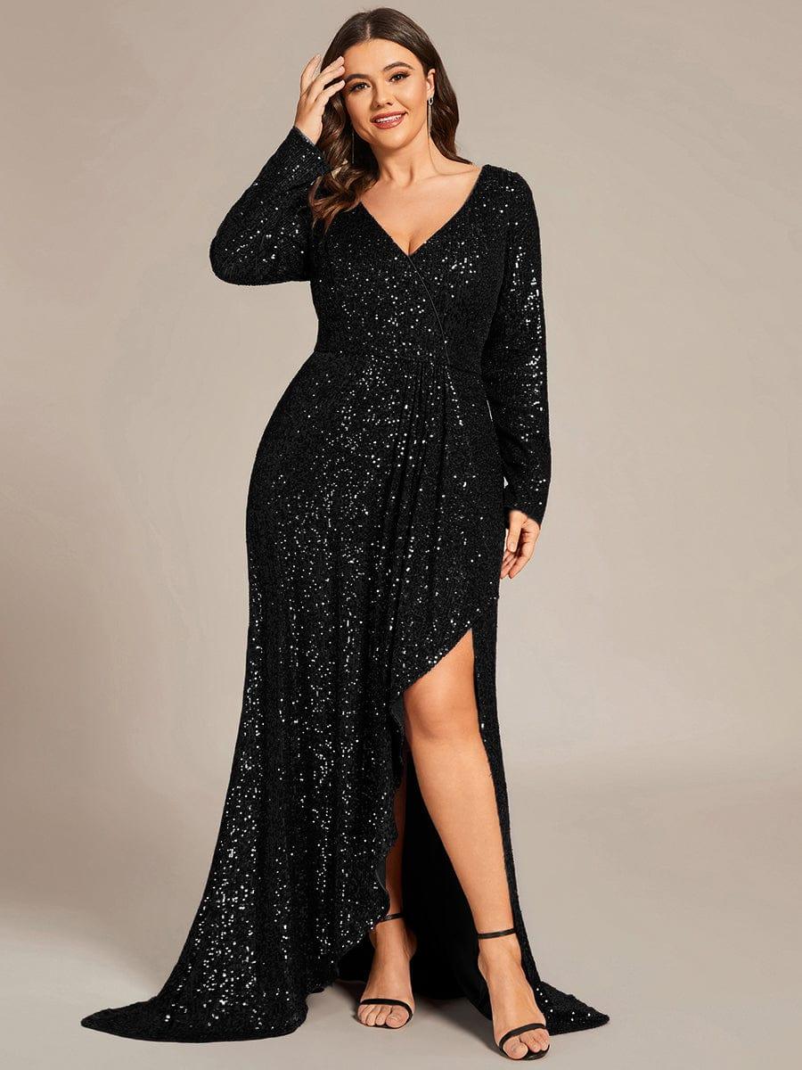 Sparkly V-Neck Long Sleeves Sequins Evening Dress With Slit