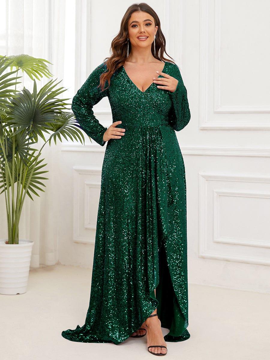 Sparkly V-Neck Long Sleeves Sequins Evening Dress With Slit
