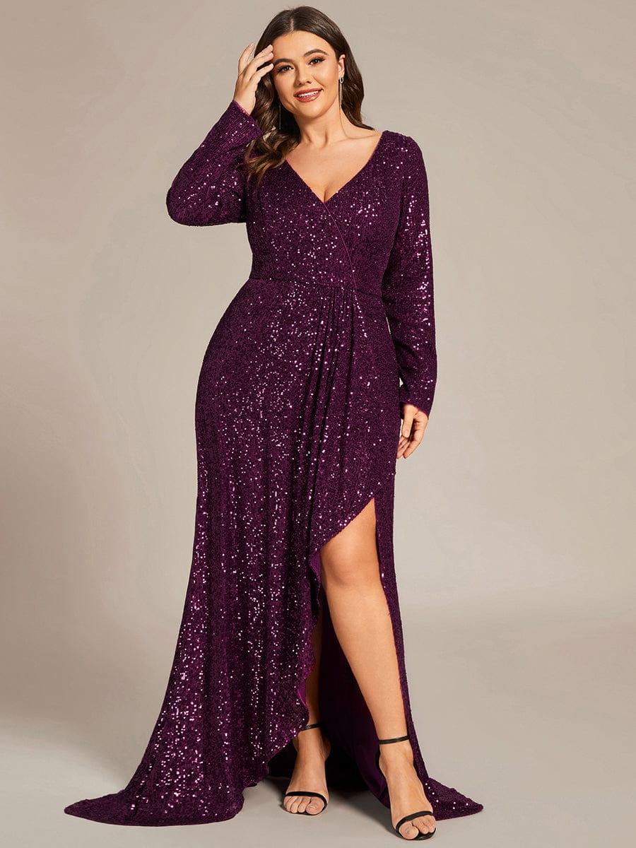 Sparkly V-Neck Long Sleeves Sequins Evening Dress With Slit