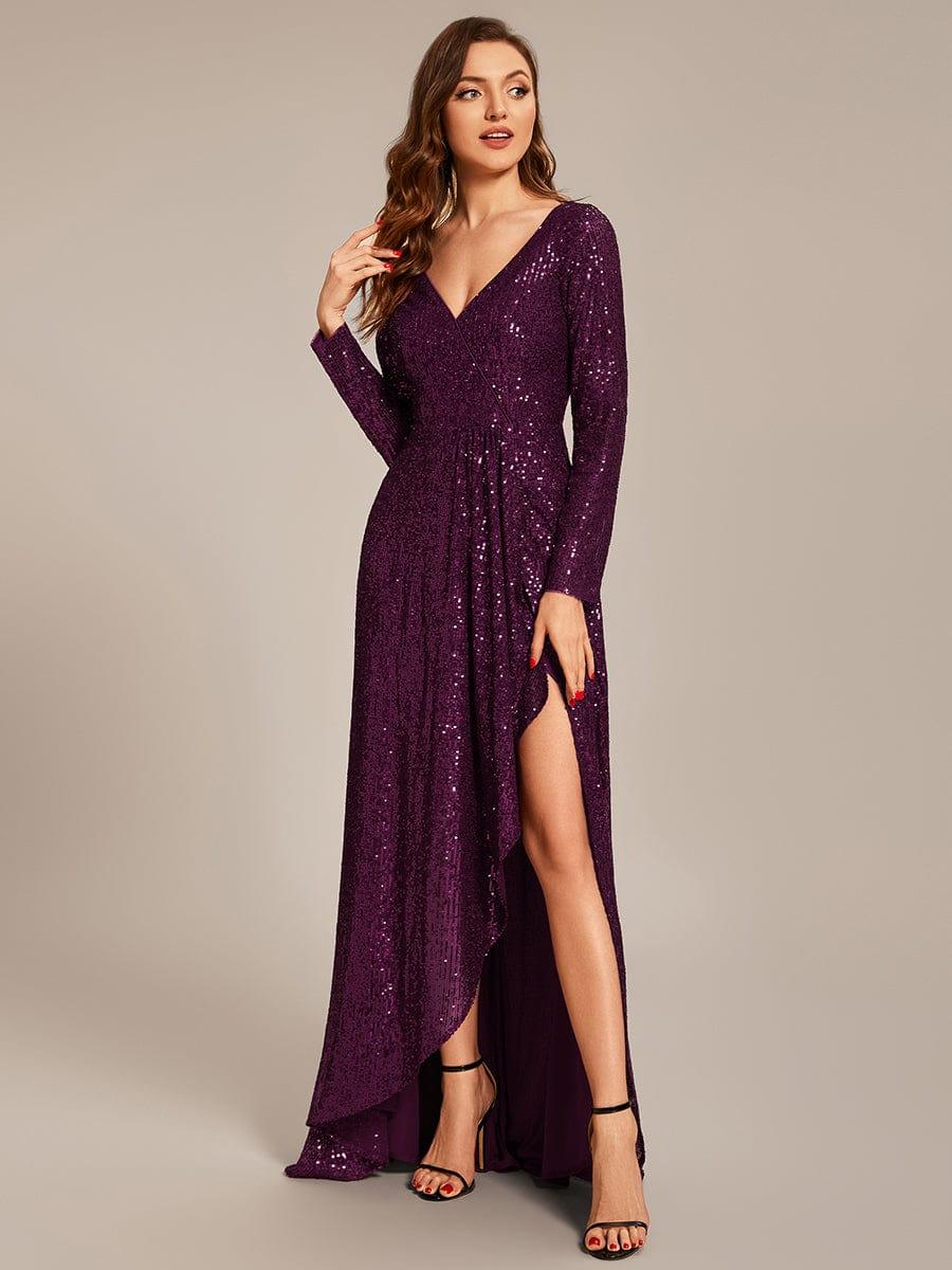 Sparkly V-Neck Long Sleeves Sequins Evening Dress With Slit