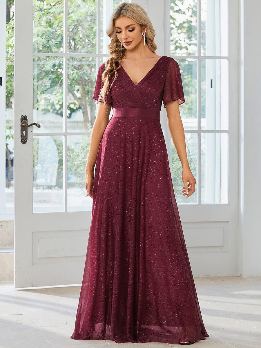 Glitter Chiffon A-Line V-Neck Short Sleeves Bridesmaid Dress