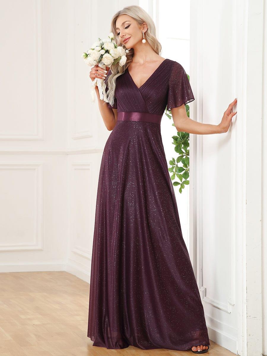 Glitter Chiffon A-Line V-Neck Short Sleeves Bridesmaid Dress