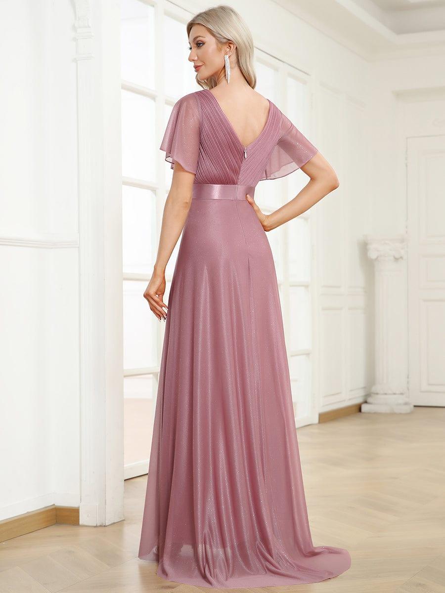 Glitter Chiffon A-Line V-Neck Short Sleeves Bridesmaid Dress