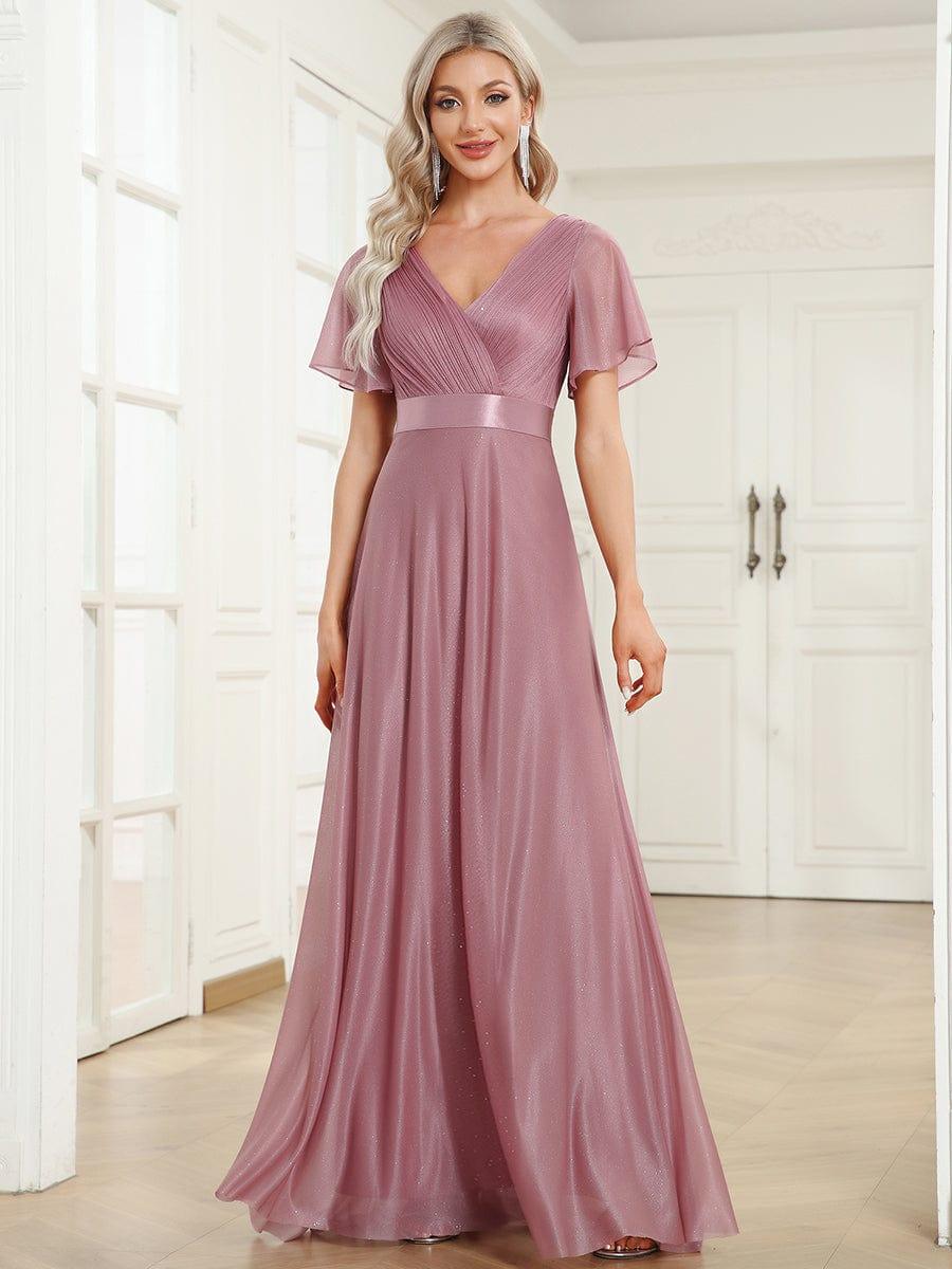 Glitter Chiffon A-Line V-Neck Short Sleeves Bridesmaid Dress