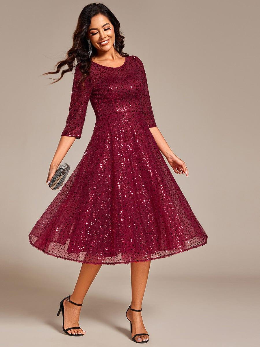 Sparkly Round Quarter Sleeves A-Line Sequins Wedding Guest Dress
