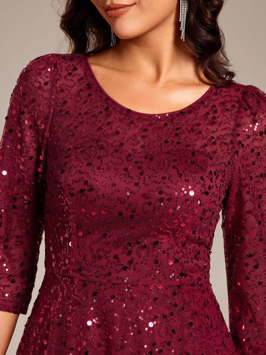 Sparkly Round Quarter Sleeves A-Line Sequins Wedding Guest Dress