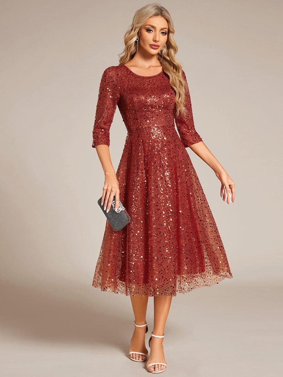 Sparkly Round Quarter Sleeves A-Line Sequins Wedding Guest Dress
