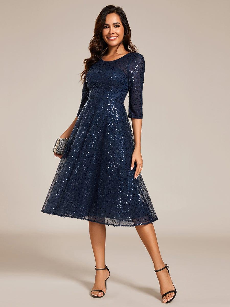 Sparkly Round Quarter Sleeves A-Line Sequins Wedding Guest Dress
