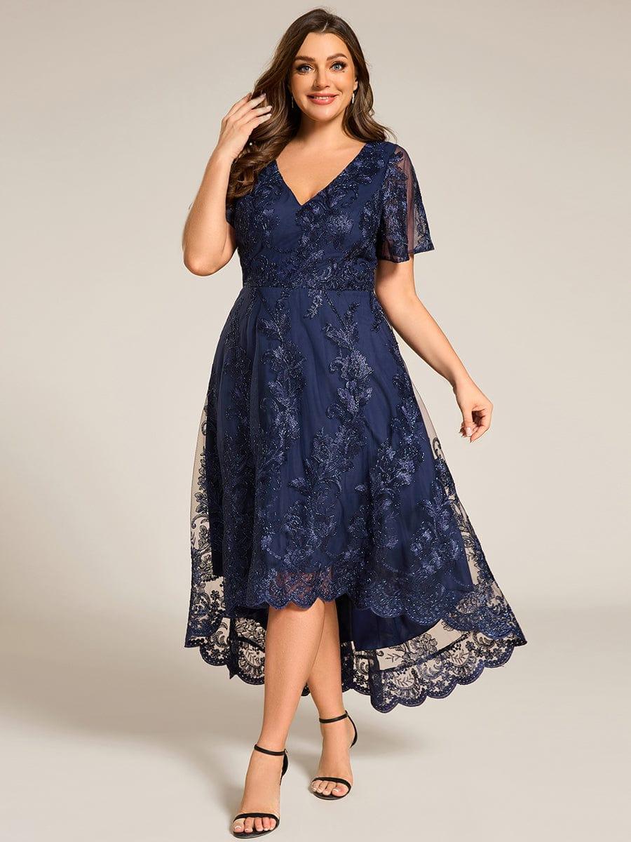Bell Sleeves A-Line V-Neck Lace High Low Midi Mother of the Bride Dress Info