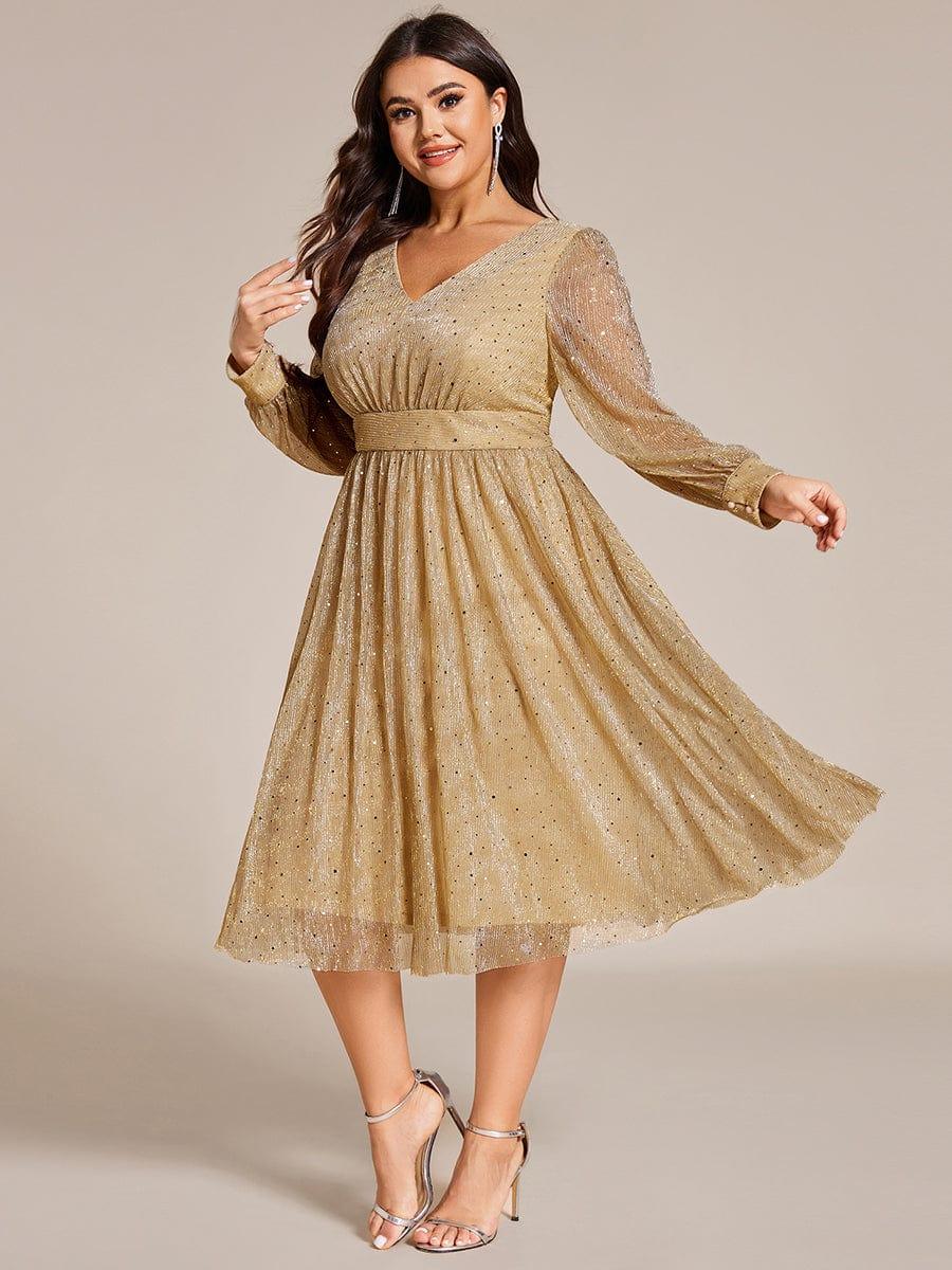 Sparkly A-Line V-Neck Long Sleeves Midi Wedding Guest Dress - Main Image