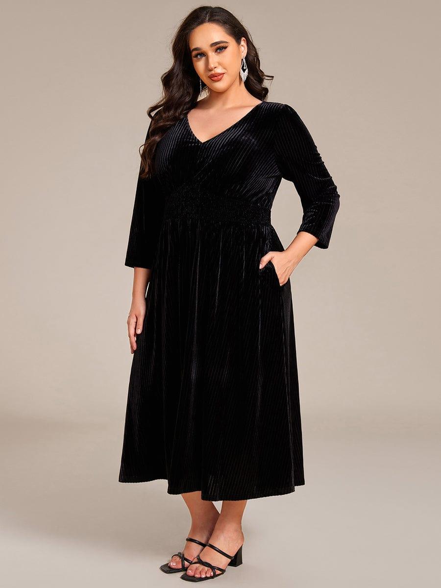 V-Neck Long Sleeves Pleated Velvet Wedding Guest Dress With Pockets