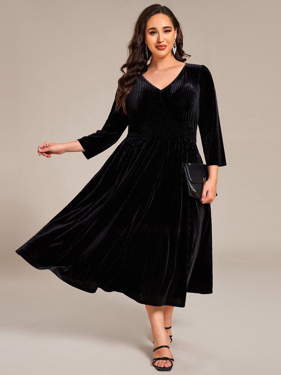 V-Neck Long Sleeves Pleated Velvet Wedding Guest Dress With Pockets
