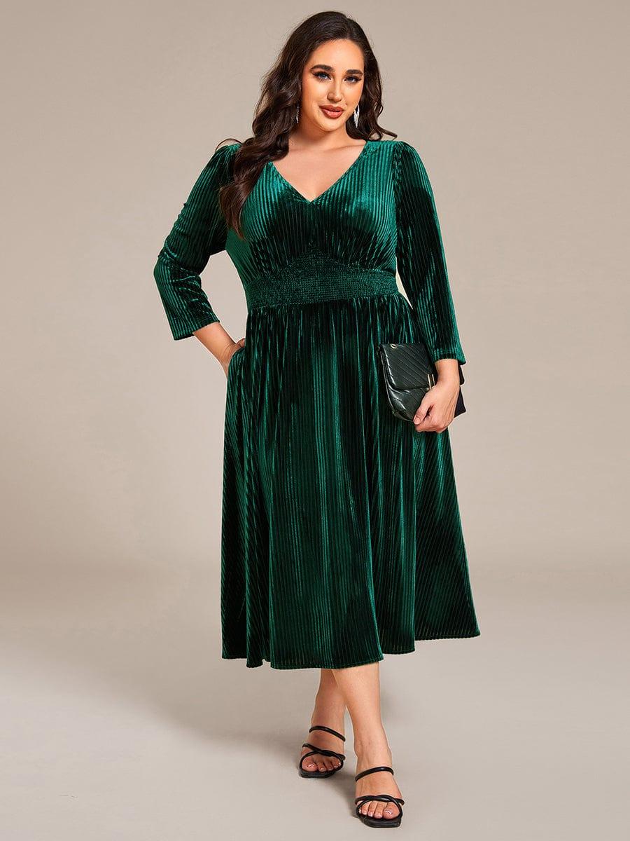 V-Neck Long Sleeves Pleated Velvet Wedding Guest Dress With Pockets