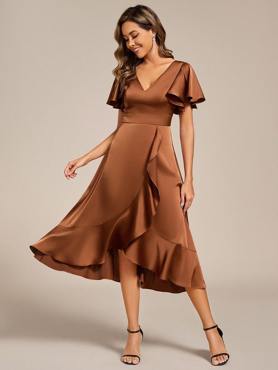 Elegant Satin A-Line V-Neck Empire Ruffle Wedding Guest Dress