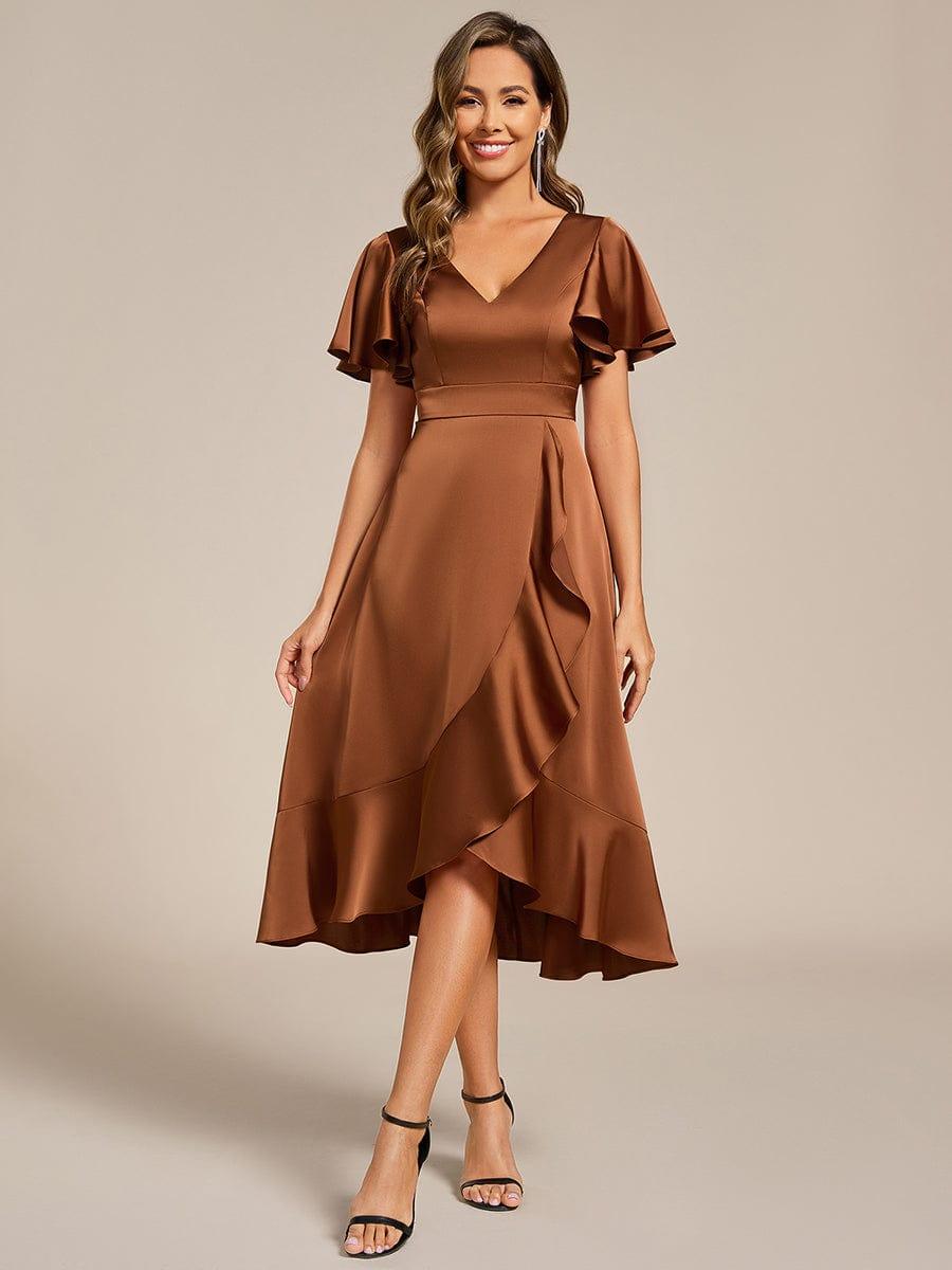 Elegant Satin A-Line V-Neck Empire Ruffle Wedding Guest Dress