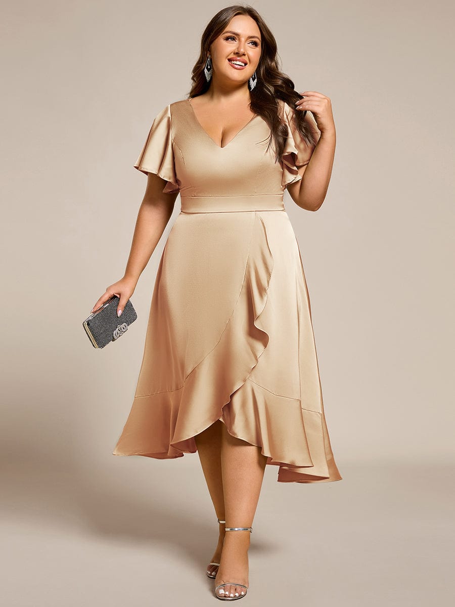 Elegant Satin A-Line V-Neck Empire Ruffle Wedding Guest Dress