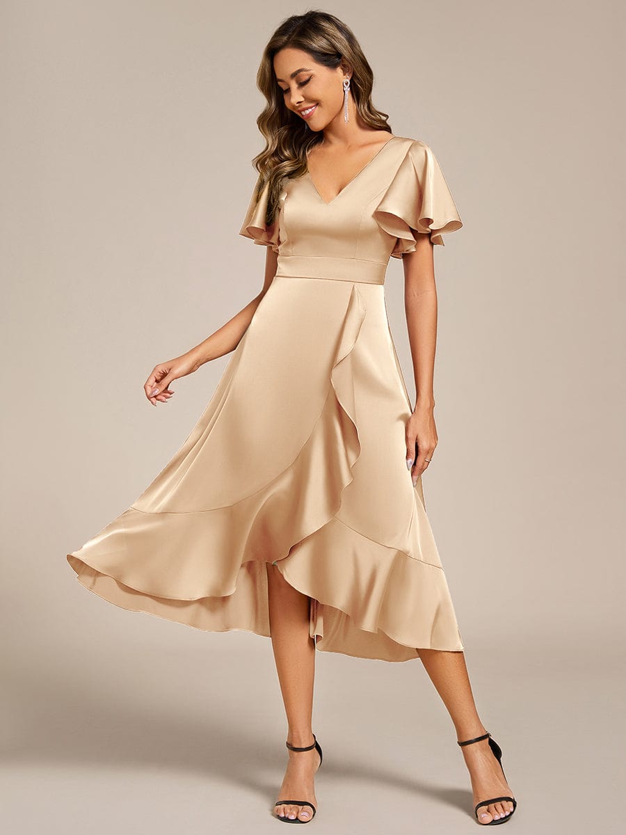 Elegant Satin A-Line V-Neck Empire Ruffle Wedding Guest Dress