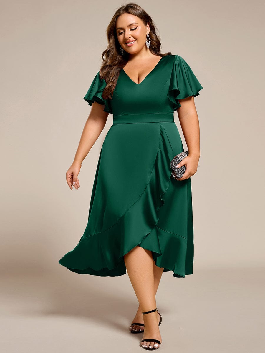 Elegant Satin A-Line V-Neck Empire Ruffle Wedding Guest Dress