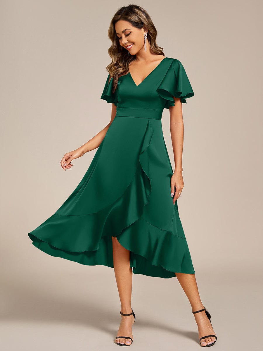 Elegant Satin A-Line V-Neck Empire Ruffle Wedding Guest Dress