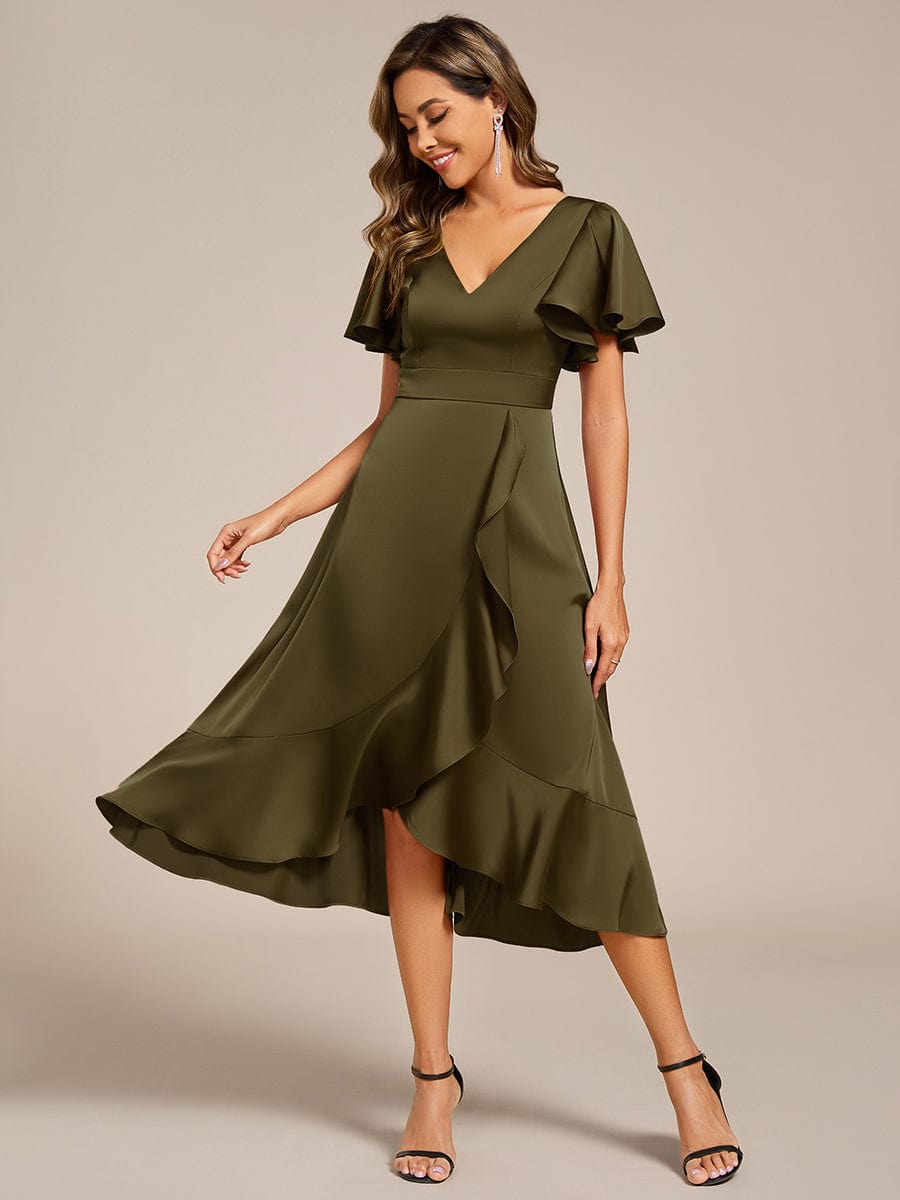 Elegant Satin A-Line V-Neck Empire Ruffle Wedding Guest Dress