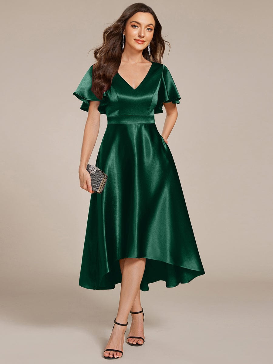 V-Neck Bell Sleeves A-Line Empire Midi Wedding Guest Dress With Pockets