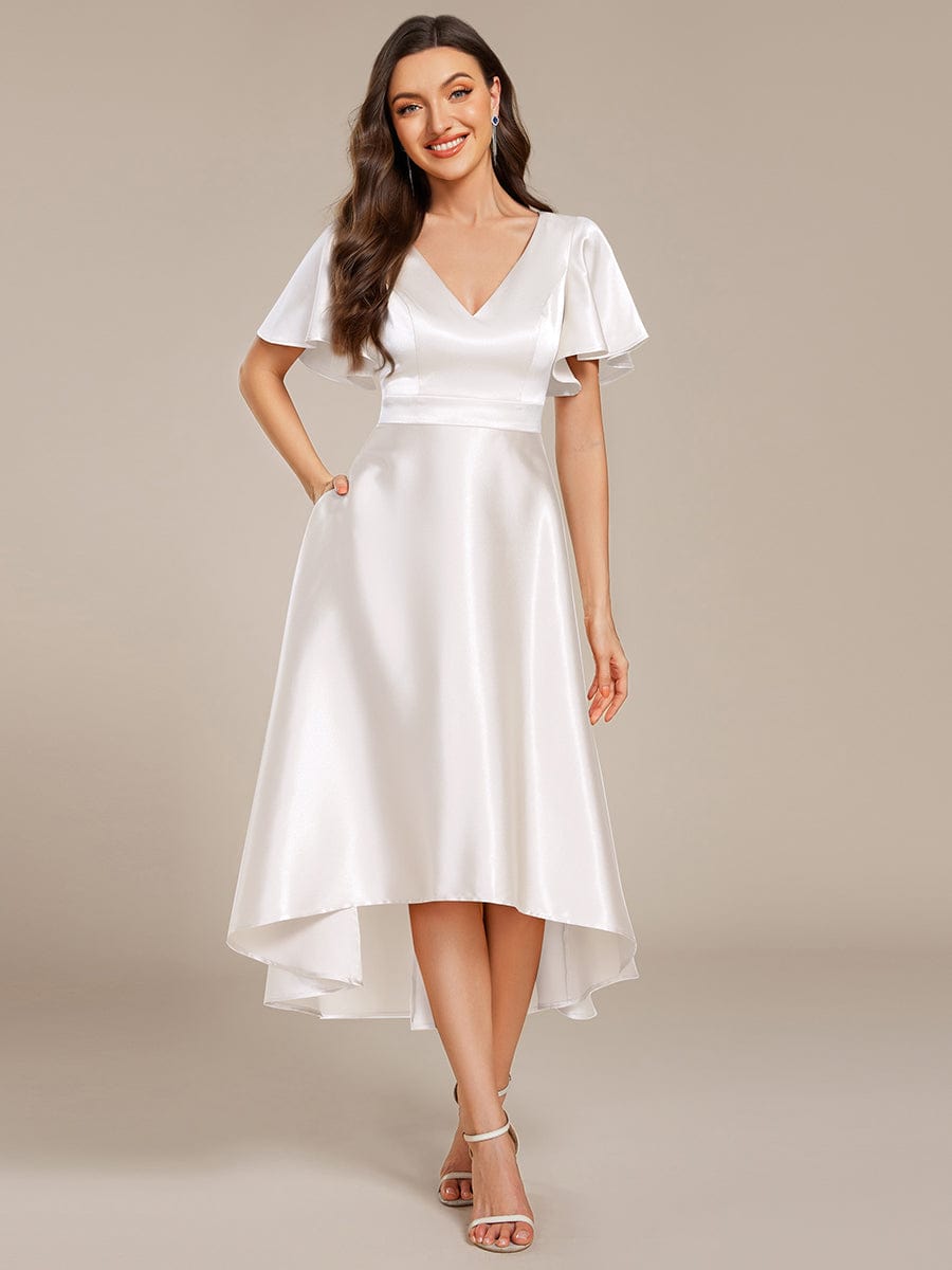 V-Neck Bell Sleeves A-Line Empire Midi Wedding Guest Dress With Pockets