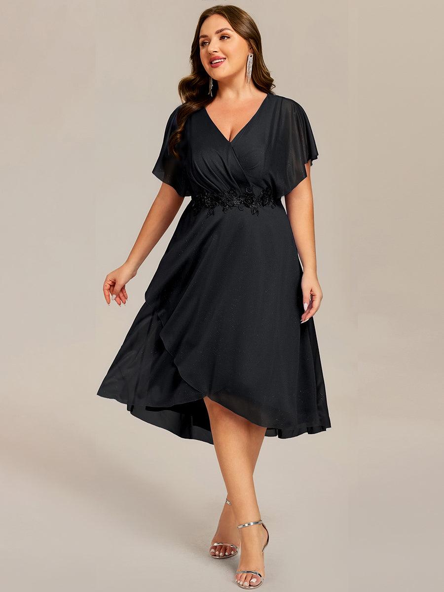 Chiffon A-Line V-Neck Short Sleeves Midi Wedding Guest Dress