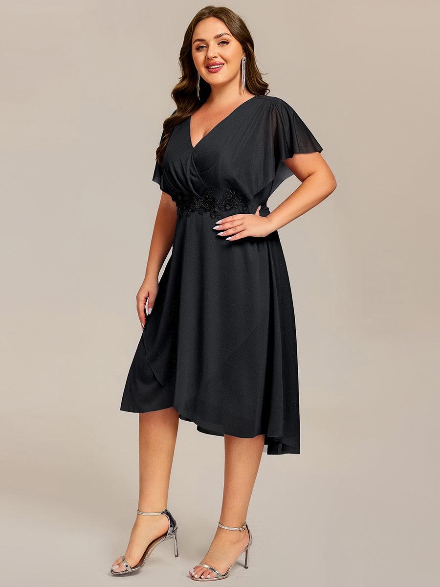 Chiffon A-Line V-Neck Short Sleeves Midi Wedding Guest Dress