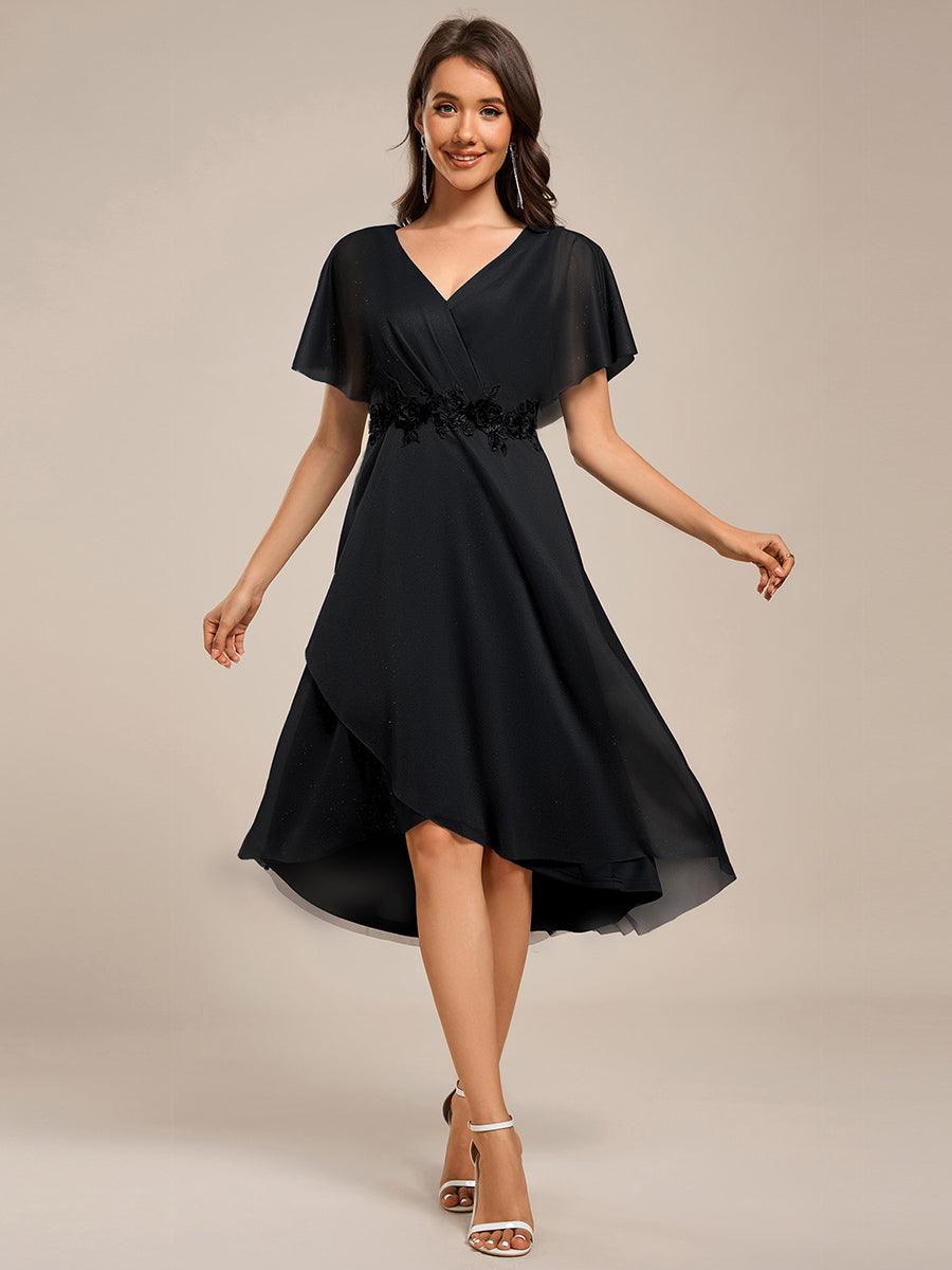 Chiffon A-Line V-Neck Short Sleeves Midi Wedding Guest Dress