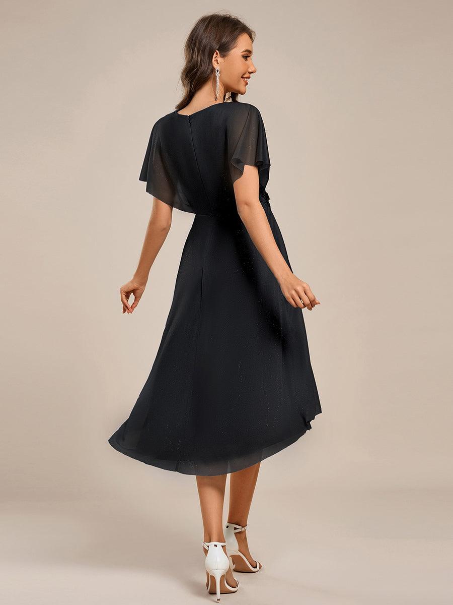 Chiffon A-Line V-Neck Short Sleeves Midi Wedding Guest Dress